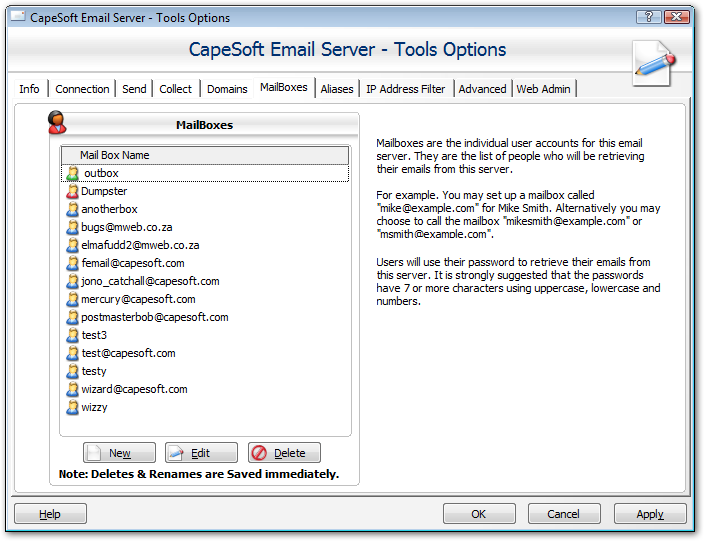 Tools Options Mailboxes screenshot
